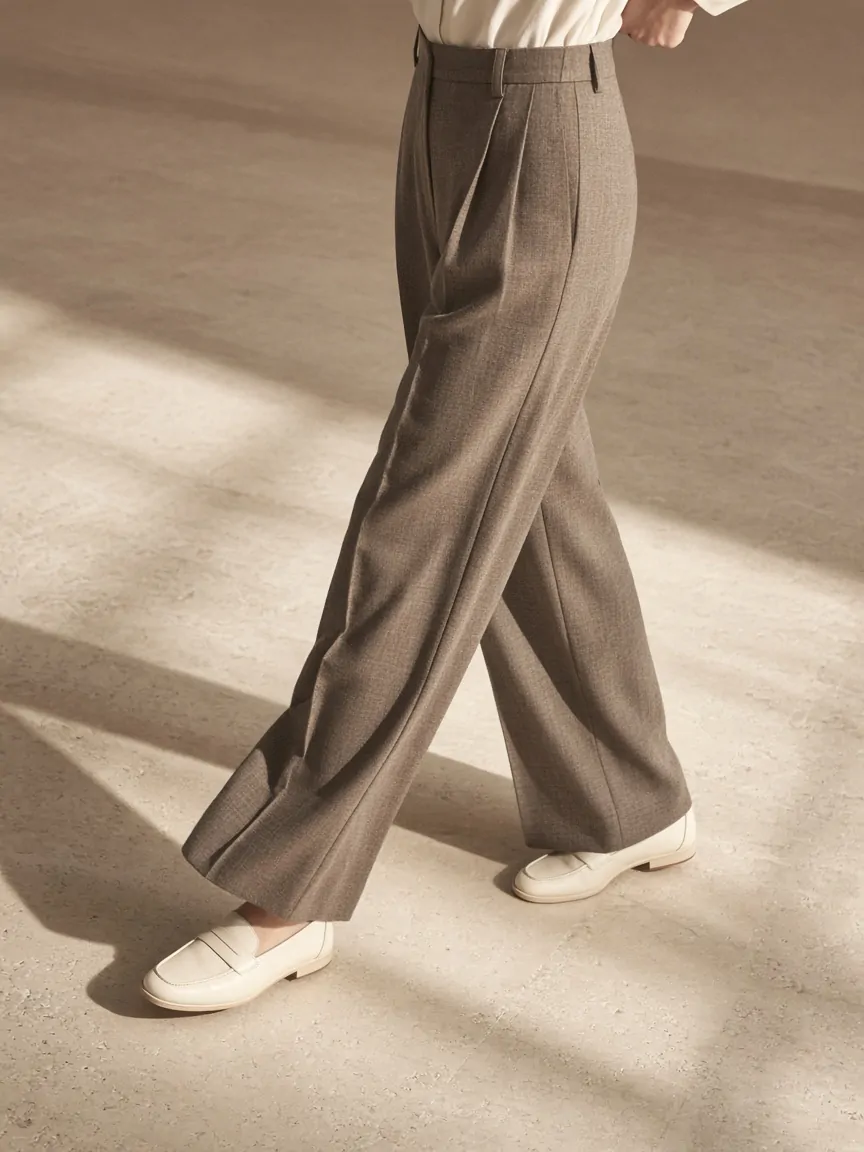 Pleated wide-leg wool trousers in motion