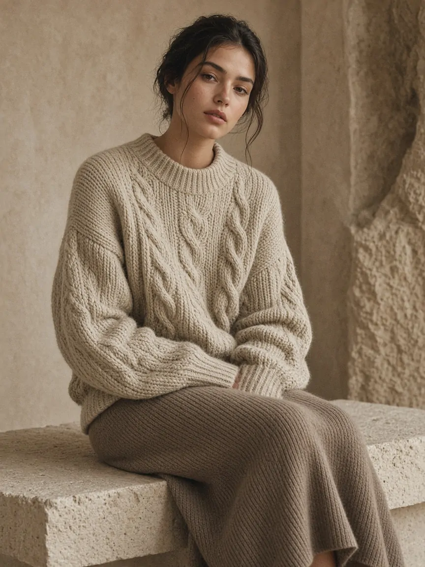 Woman in an oatmeal cable-knit sweater