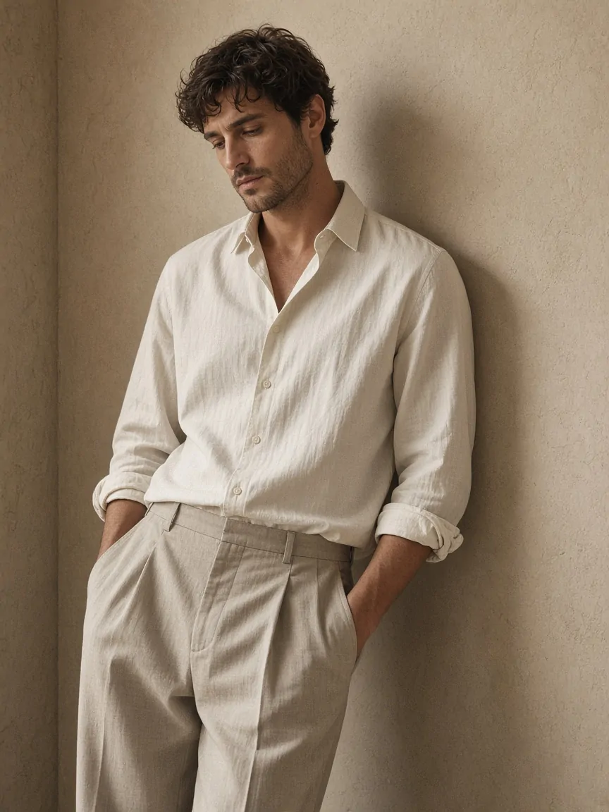 Man in a linen-cotton shirt and pleated trousers