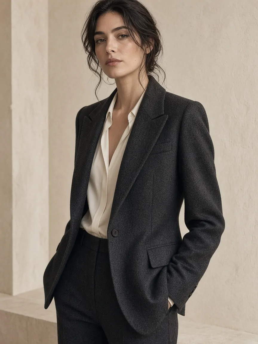 Woman in a charcoal wool blazer