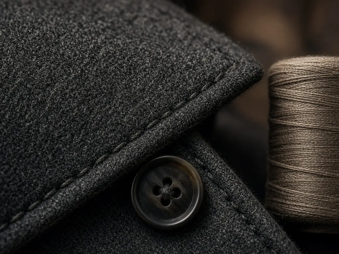 Construction detail: pick-stitched lapel and horn button