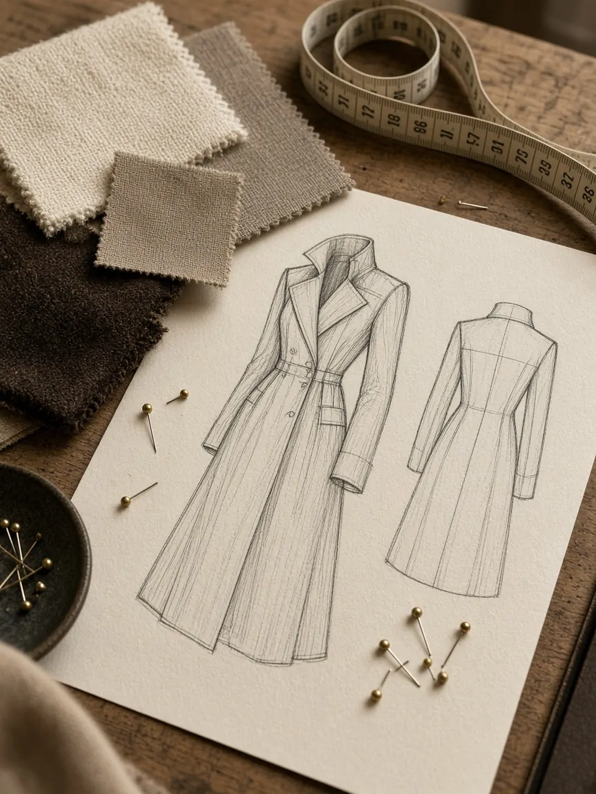 Fashion sketches, technical flats and fabric swatches