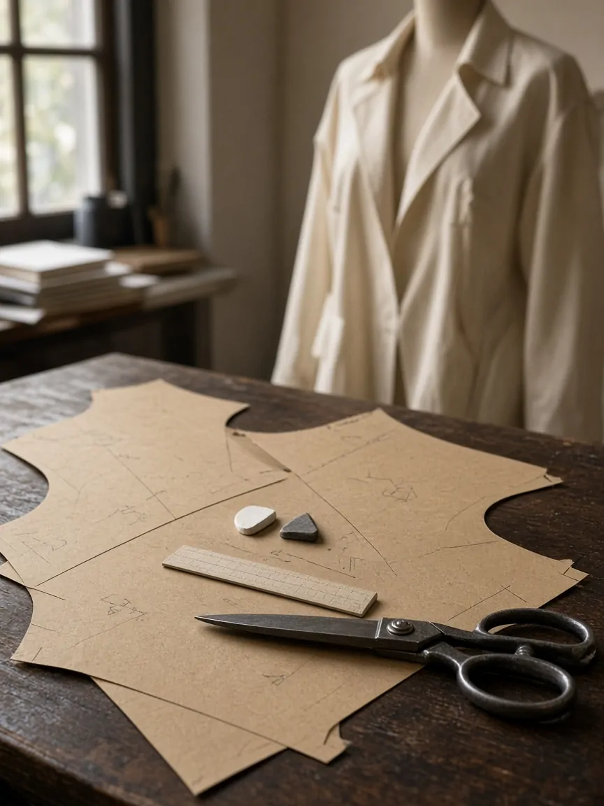 Paper patterns, shears and a toile on a dress form