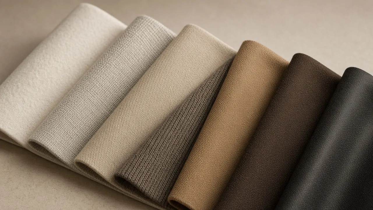 Folded premium fabrics in ivory, taupe and charcoal