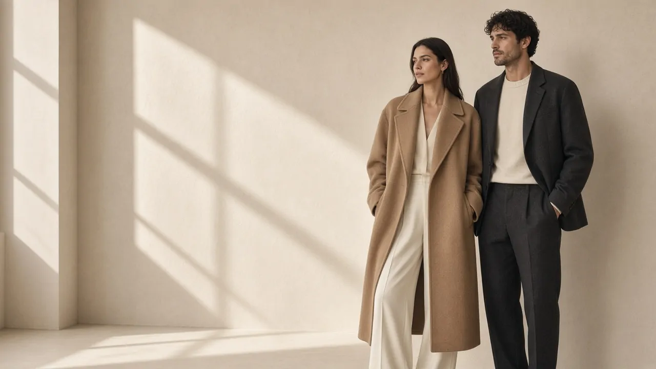Woman in a camel wool coat and man in a charcoal unstructured suit, MANLOR contemporary collection