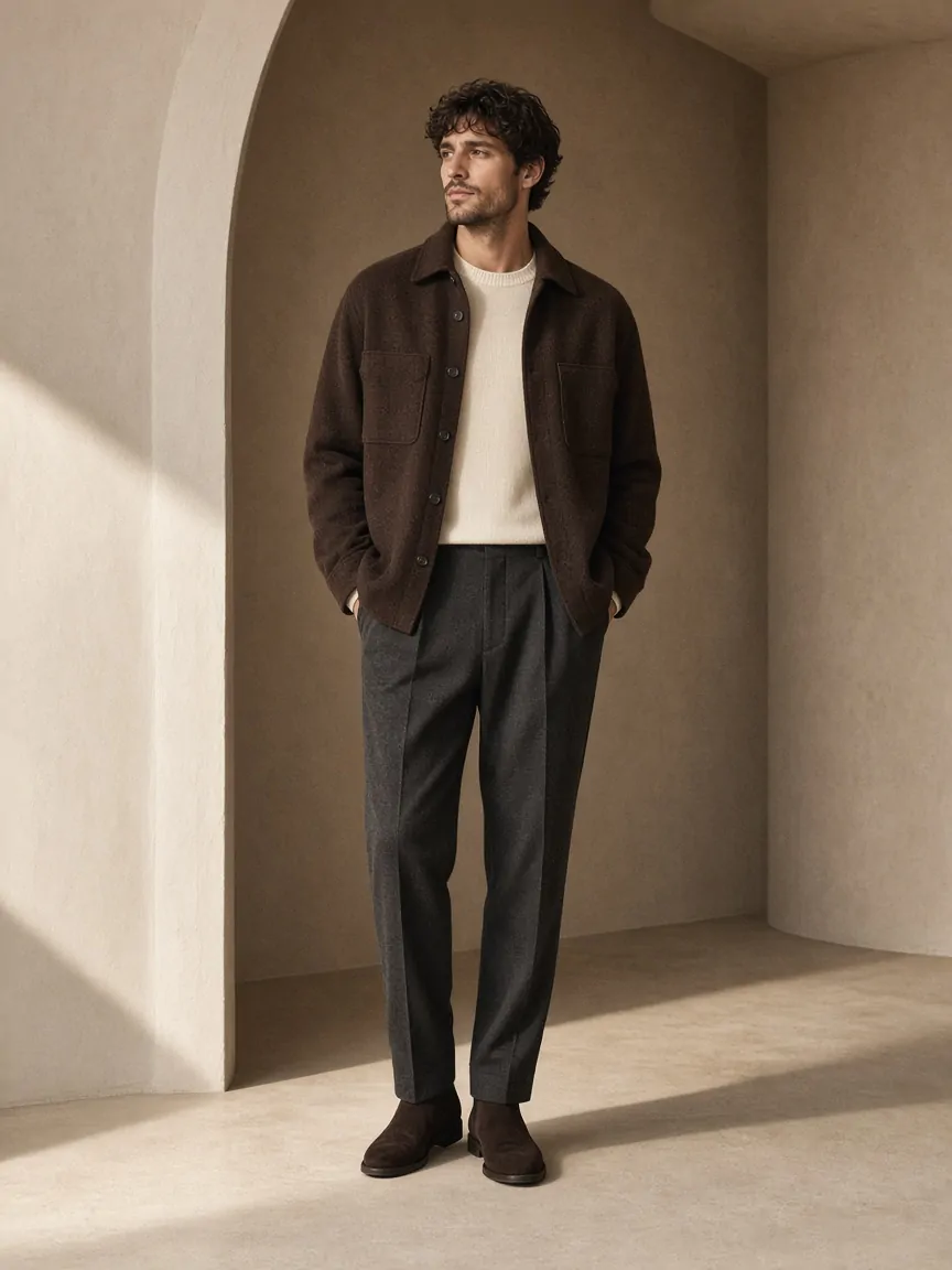 Man in an espresso wool overshirt, cream knit and charcoal trousers