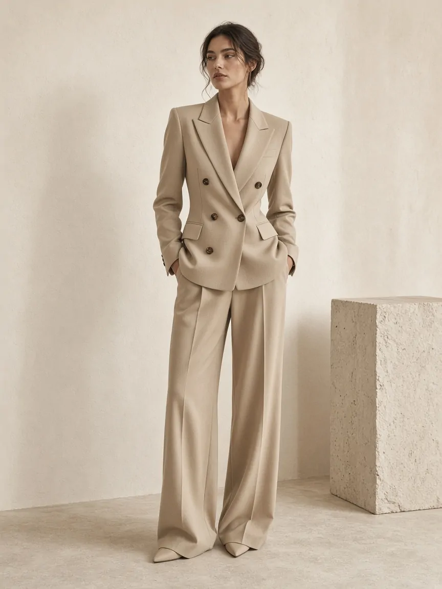 Woman in a sand double-breasted tailored suit
